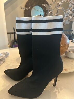 Black Knit Sock Stiletto Boots with White Stripe Cuff